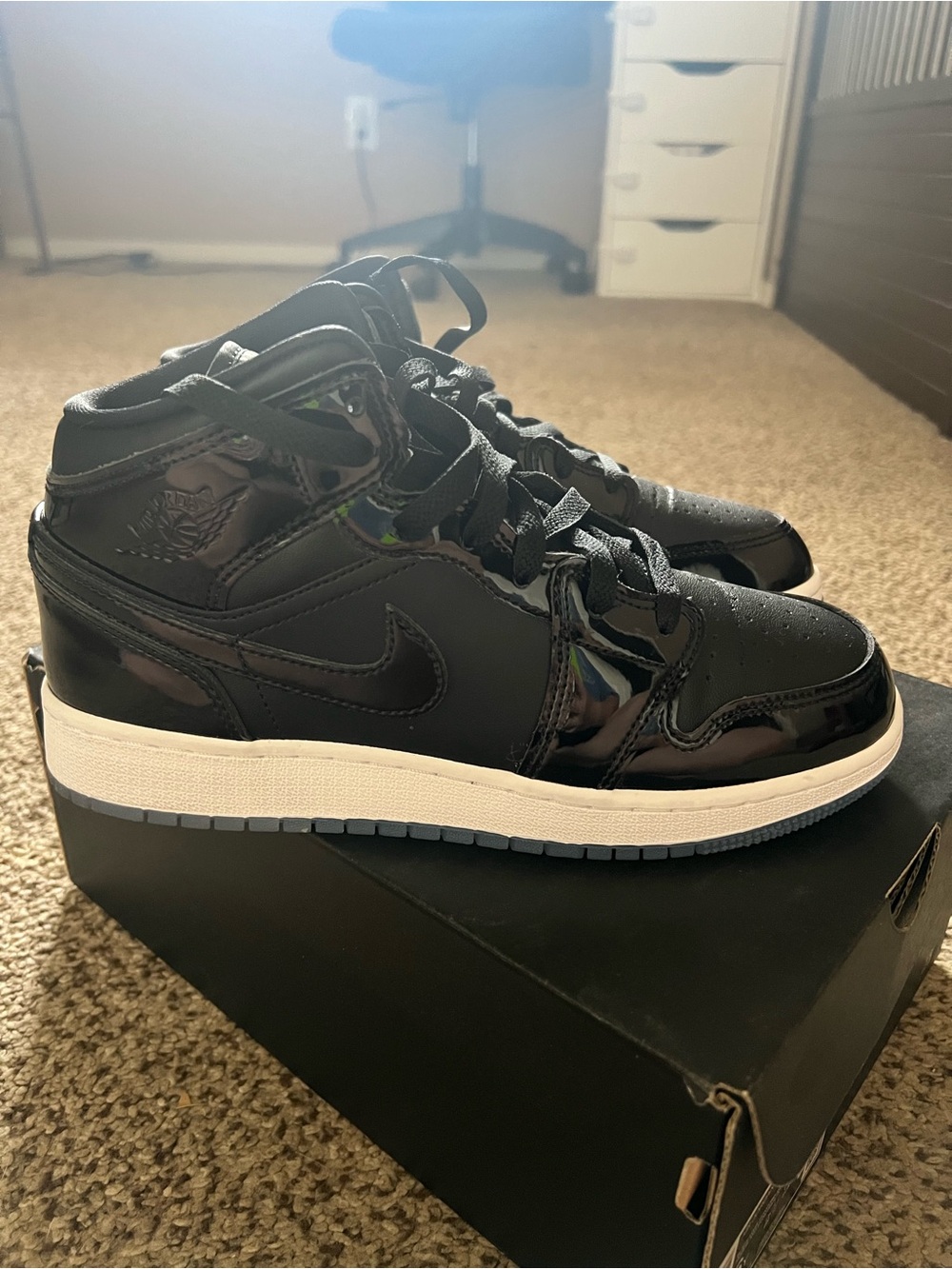 Jordan Black Patent Leather High-Top Sneakers with Purple Jumpman